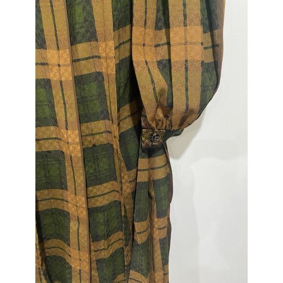James Galanos Sz XS Silk Dress Shift Green Brown Plaid Long Bishop Sleeves MIDI - Picture 12 of 15